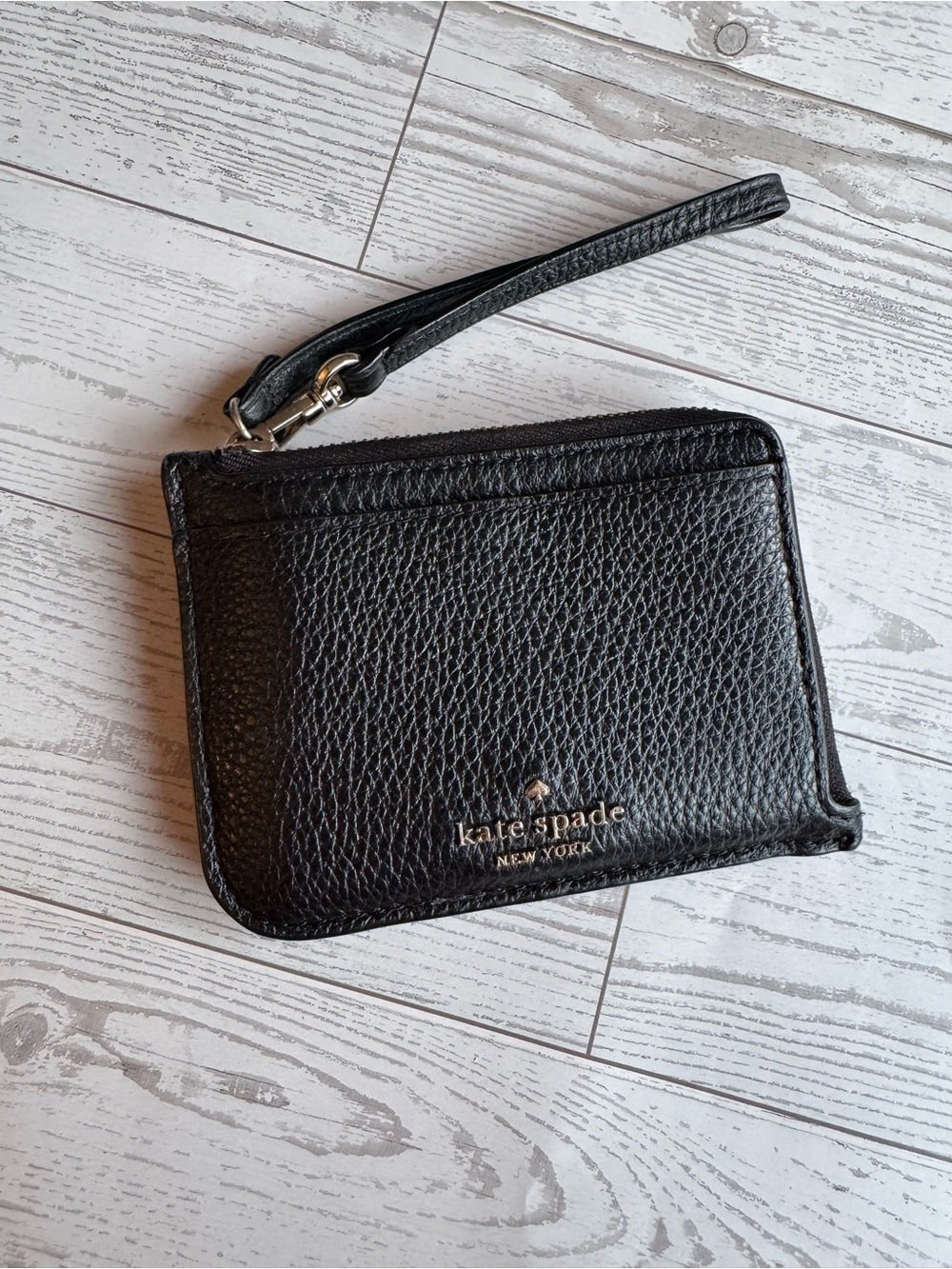kate spade black pebbled leather wristlet card holder with strap